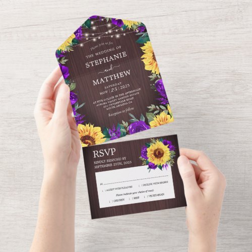 Rustic Sunflower Purple Roses Lights Wedding  All In One Invitation