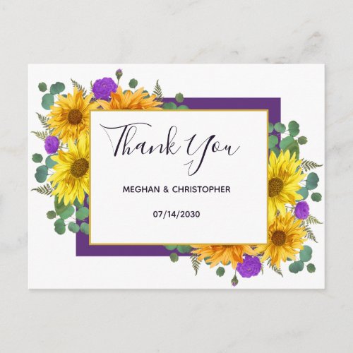 Rustic Sunflower Purple Roses Wedding Thank You Postcard