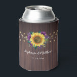Rustic Sunflower Purple String Lights Wood Wedding Can Cooler<br><div class="desc">This wedding can cooler features a modern sunflower and purple floral design with string lights on a wood background. Personalize it with your names and wedding date. Matching items also available.</div>