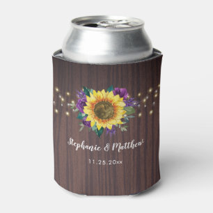 Rustic Sunflower Purple String Lights Wood Wedding Can Cooler