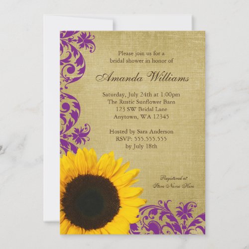 Rustic Sunflower Purple Swirls Bridal Shower Cards