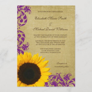 Rustic Sunflower Purple Swirls Wedding Invitation