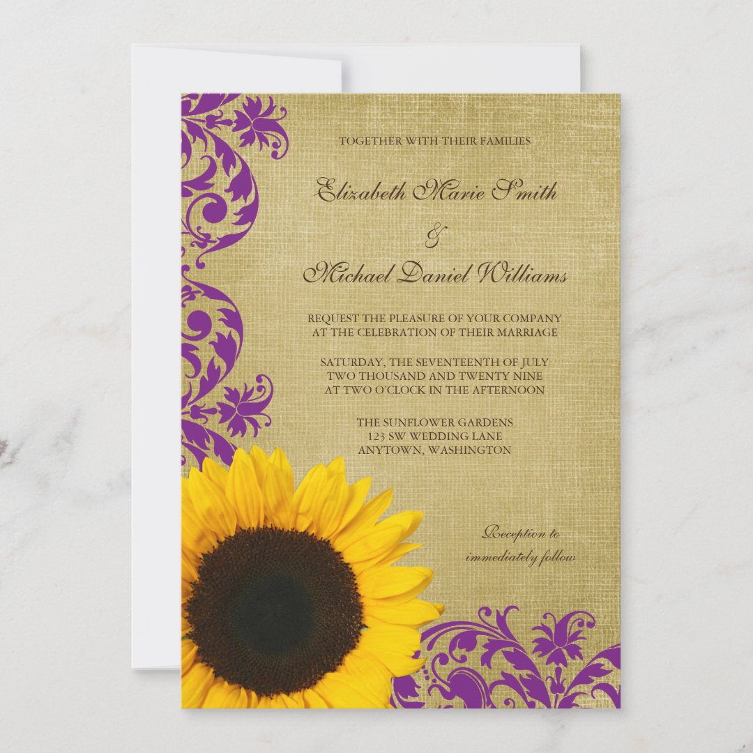 Rustic Sunflower Purple Swirls Wedding Invitation | Zazzle