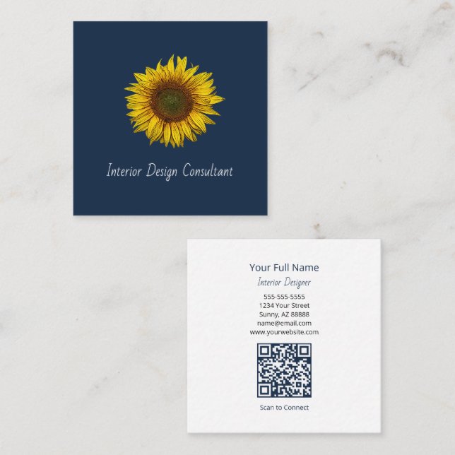 Rustic Sunflower QR code Boho Navy Blue Square Business Card (Front/Back)