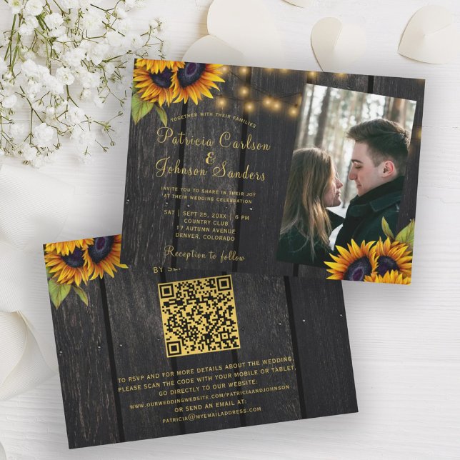 Rustic sunflower QR code photo wedding Invitation (Creator Uploaded)