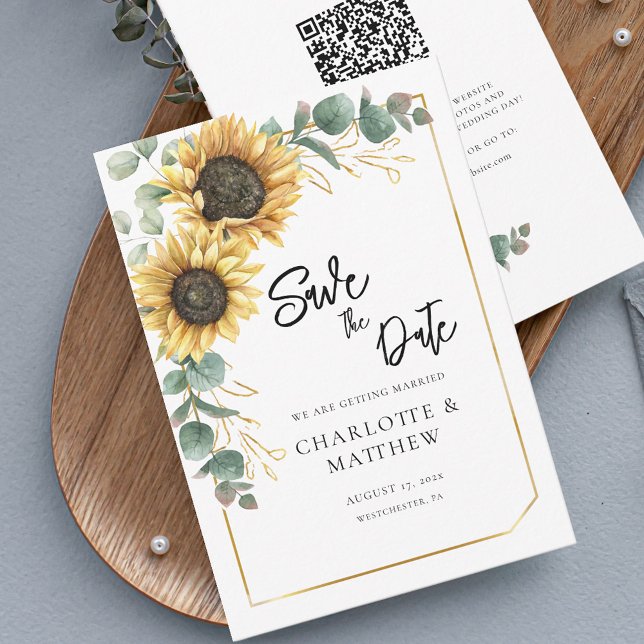 Rustic Sunflower QR Code Wedding Save the Date (Save the Date Wedding Sunflower Floral Eucalyptus Greenery Script Announcement)