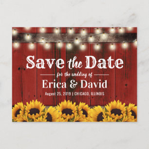 Rustic Sunflower Red Barn Wood Save the Date Announcement Postcard