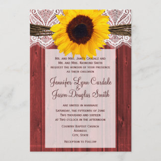 Rustic Sunflower Red Barn Wood Wedding Invites