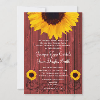Rustic Sunflower Red Barn Wood Wedding Invites