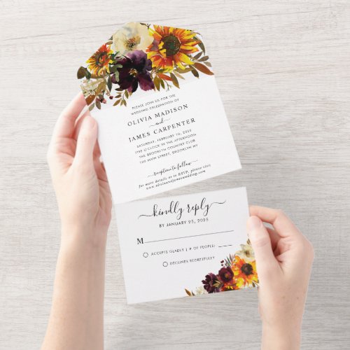 Rustic Sunflower Red Floral Watercolor Wedding All In One Invitation