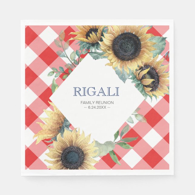 Rustic Sunflower Red Gingham Family Reunion Napkins (Front)