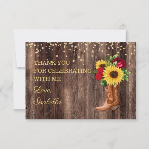 Rustic Sunflower Red Rose Boots Birthday Thank You