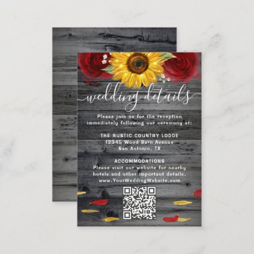 Rustic Sunflower Red Rose Wedding RSVP QR Code Enclosure Card