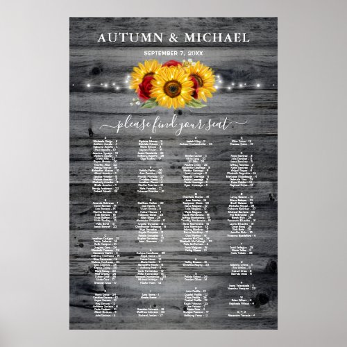 Rustic Sunflower Red Rose Wedding Seating Charts