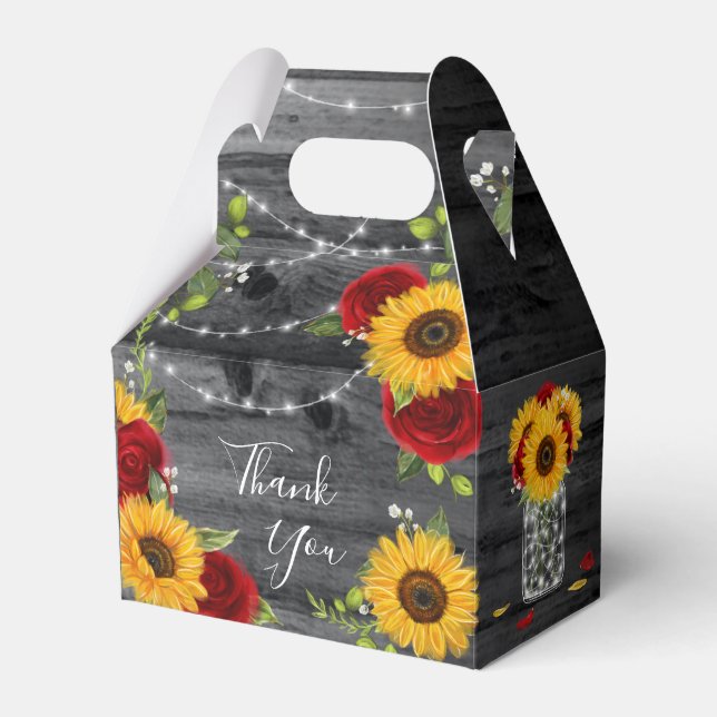 Rustic Sunflower Red Rose Wood Thank You Wedding Favor Boxes (Front Side)