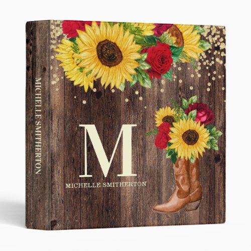Rustic Sunflower Red Roses Boots Monogram 3 Ring Binder