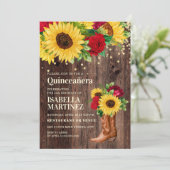 Rustic Sunflower Red Roses Boots Quinceañera  Invitation (Standing Front)