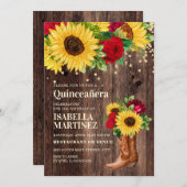 Rustic Sunflower Red Roses Boots Quinceañera  Invitation (Front/Back)