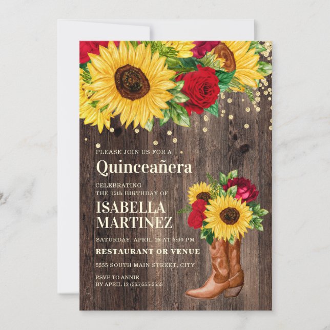 Rustic Sunflower Red Roses Boots Quinceañera  Invitation (Front)