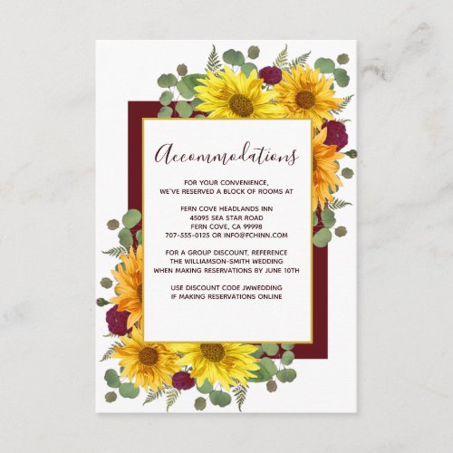 Rustic Sunflower Red Roses Wedding Accommodations Enclosure Card