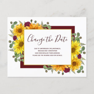 Rustic Sunflower Red Roses Wedding Change the Date Announcement Postcard