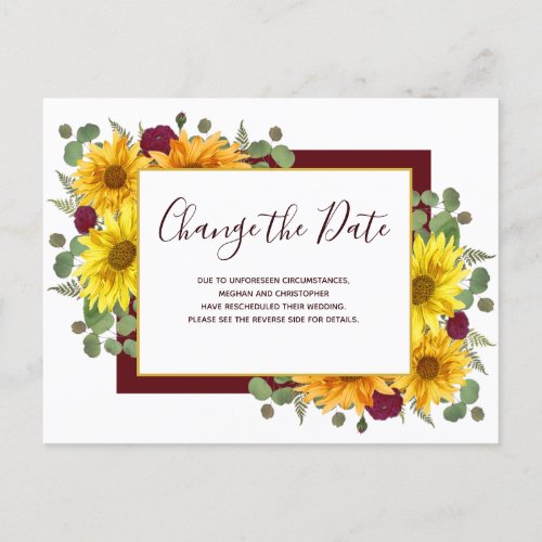 Rustic Sunflower Red Roses Wedding Change the Date Announcement Postcard