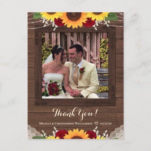 Rustic Sunflower Red Roses Wedding Thank You Photo Postcard
