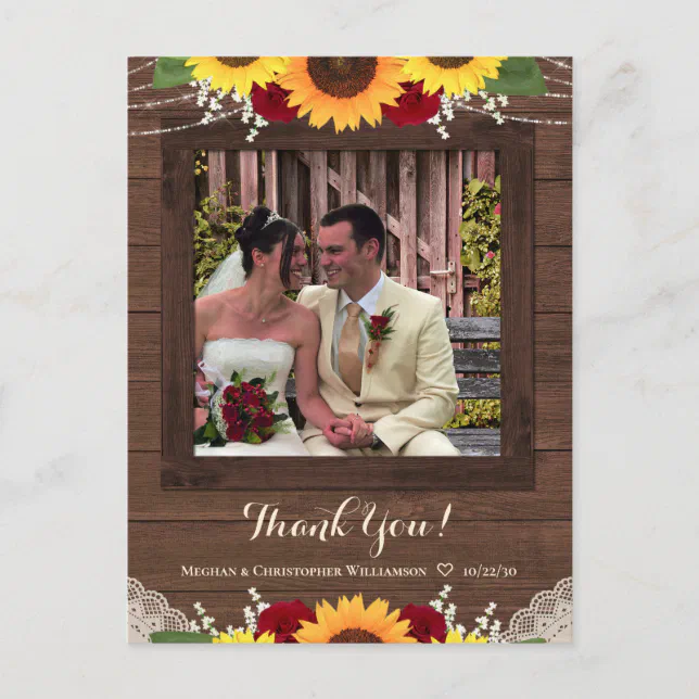 Rustic Sunflower Red Roses Wedding Thank You Photo Postcard | Zazzle