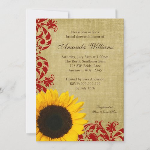 Rustic Sunflower Red Swirls Bridal Shower Invitations