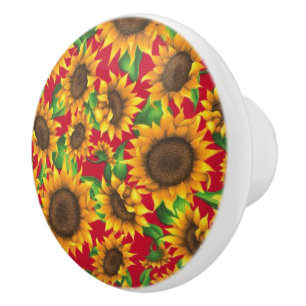 Rustic Sunflower Red Yellow Pattern Ceramic Knob
