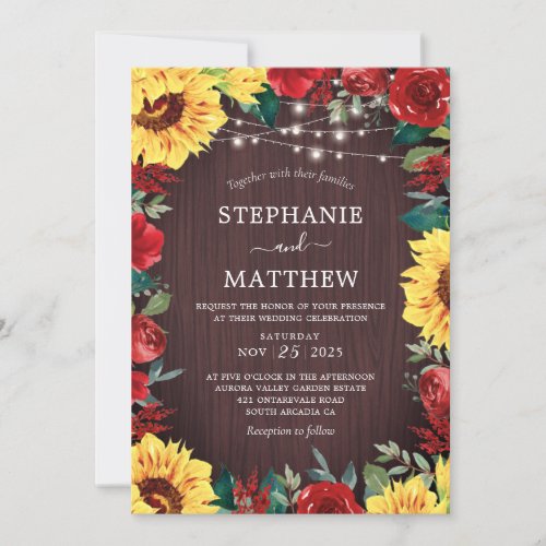 Rustic Sunflower RedLights Wood Wedding Invitation