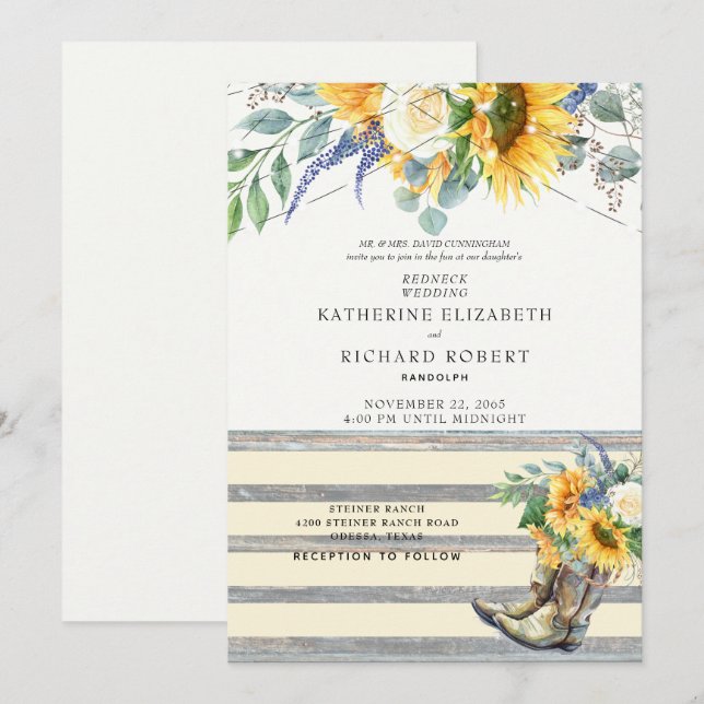 Rustic Sunflower Redneck Wood Boots & Lights Invit Invitation (Front/Back)