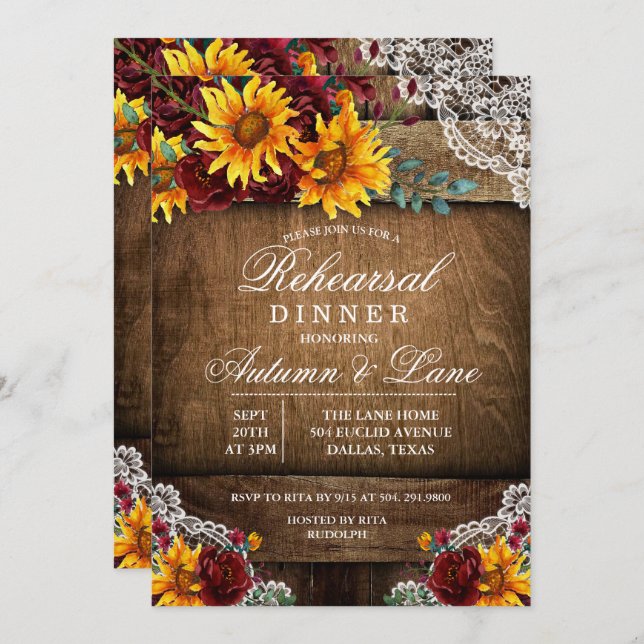 Rustic Sunflower Rehearsal Dinner Invitation (Front/Back)