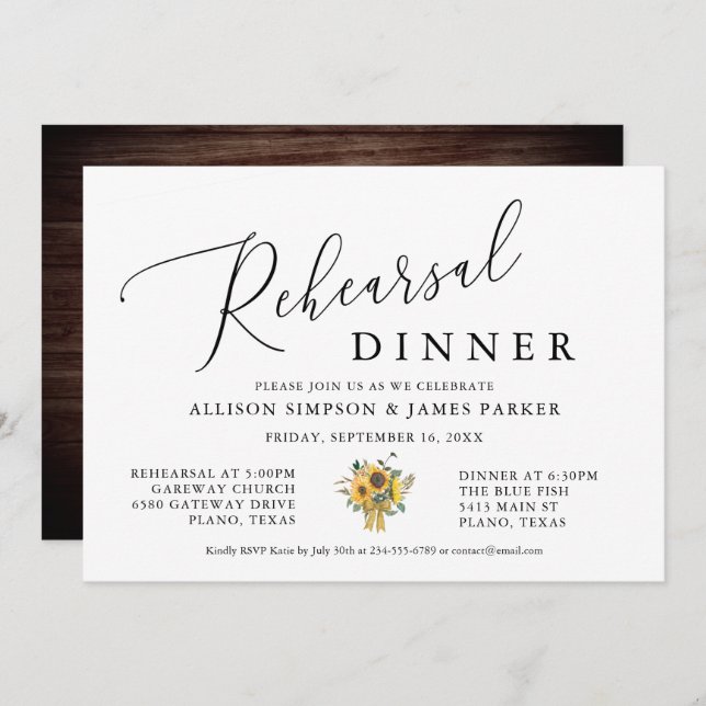 Rustic Sunflower Rehearsal Dinner Invitation (Front/Back)