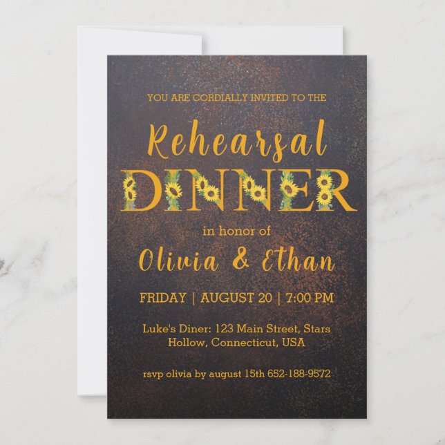 Rustic sunflower rehearsal dinner invitations (Front)