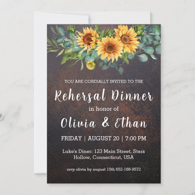 Rustic sunflower rehearsal dinner invitations (Front)
