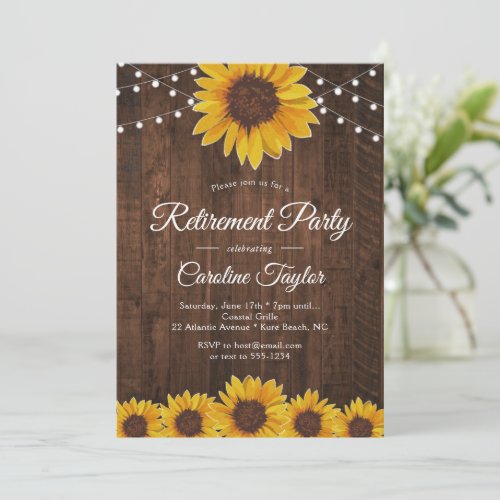 Rustic Sunflower Retirement Party String Lights Invitation