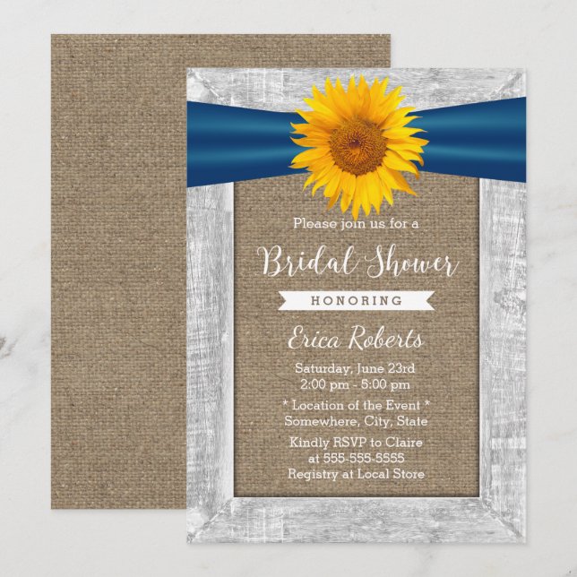 Rustic Sunflower Ribbon Wood Burlap Bridal Shower Invitation (Front/Back)