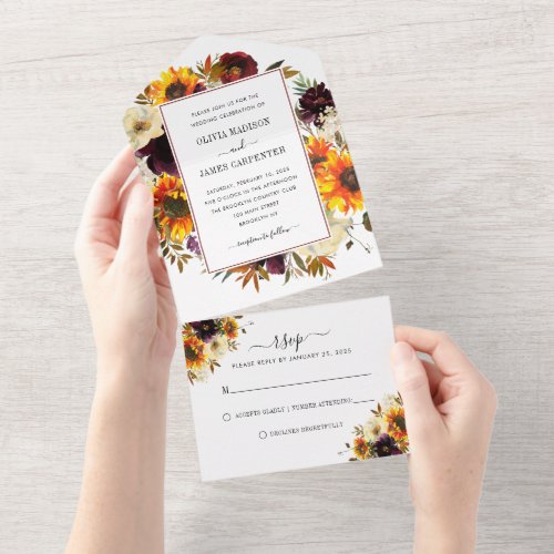Rustic Sunflower Rose Burgundy Fall Floral Wedding All In One Invitation