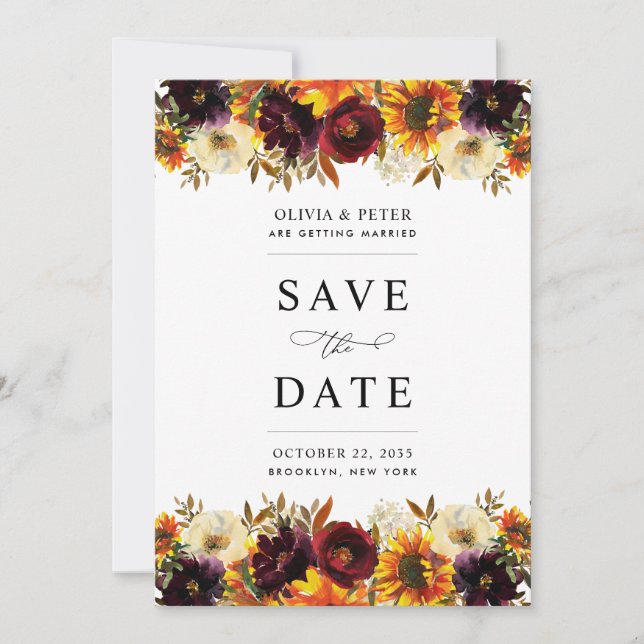 Rustic Sunflower Rose Burgundy Fall Floral Wedding Save The Date (Front)