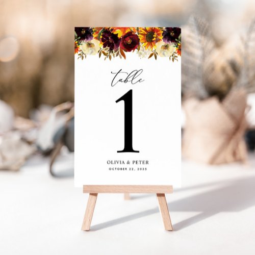 Rustic Sunflower Rose Burgundy Fall Floral Wedding Table Number