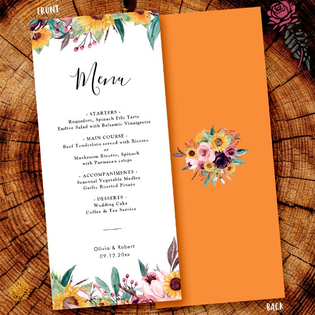 Rustic Sunflower Rose Burgundy Fall Wedding Food Menu (Creator Uploaded)