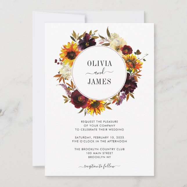 Rustic Sunflower Rose Burgundy Fall Wreath Wedding Invitation (Front)