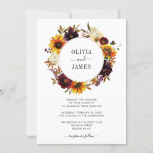 Rustic Sunflower Rose Burgundy Fall Wreath Wedding Invitation
