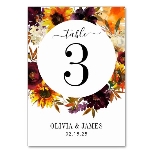 Rustic Sunflower Rose Burgundy Fall Wreath Wedding Table Number