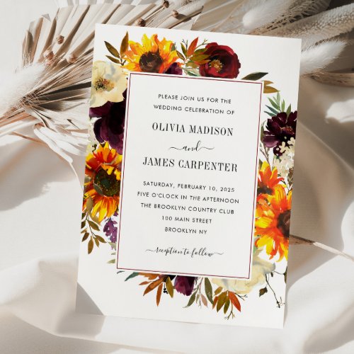 Rustic Sunflower Rose Burgundy Floral Fall Wedding Invitation