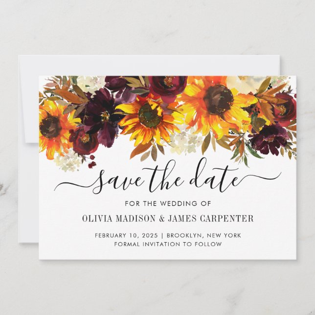 Rustic Sunflower Rose Burgundy Floral Fall Wedding Save The Date (Front)