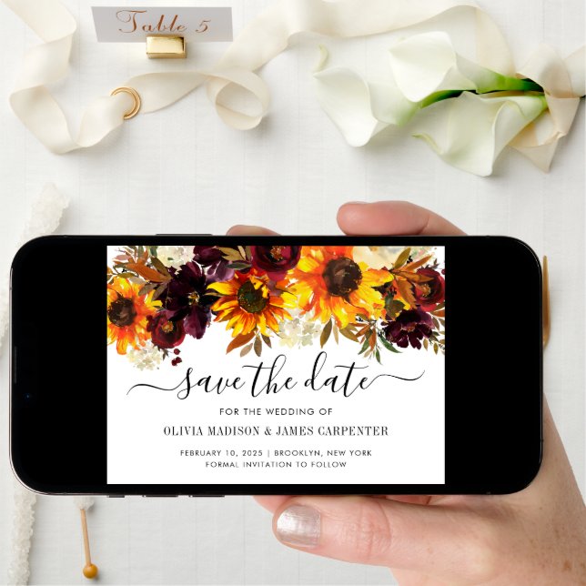 Rustic Sunflower Rose Burgundy Floral Fall Wedding Save The Date (Front Digital)