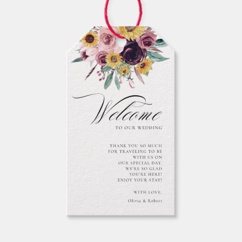 Rustic Sunflower Rose Burgundy Wedding Welcome Gift Tags