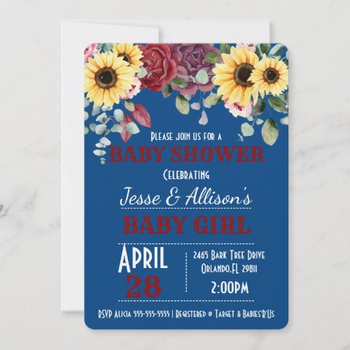 Rustic Sunflower Rose Floral Baby Shower  Invitat Invitation